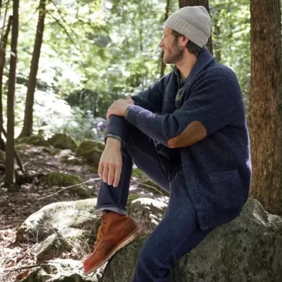 Men’s Grandpacore Navy Blue Ribbed Wool Shawl Collar Cardigan Elbow Patch Sz XL - Picture 5 of 12